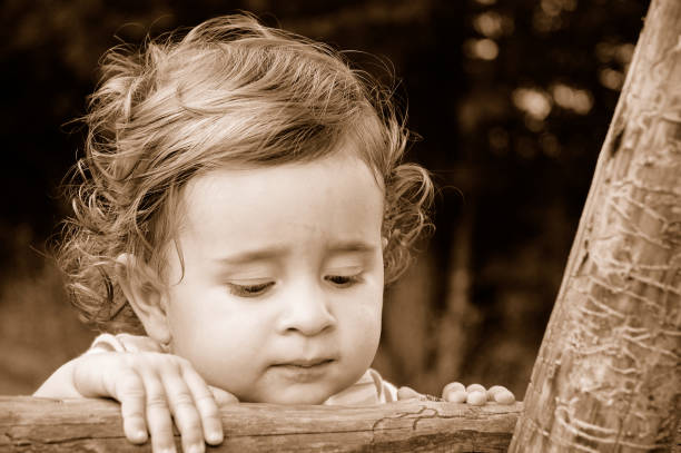 Ritratto di bambino piccolo arrampicata scala in legno, Viraggio seppia - foto stock