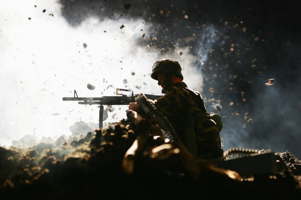 istock Toy Soldier Gunner in Front of Explosion 108176580