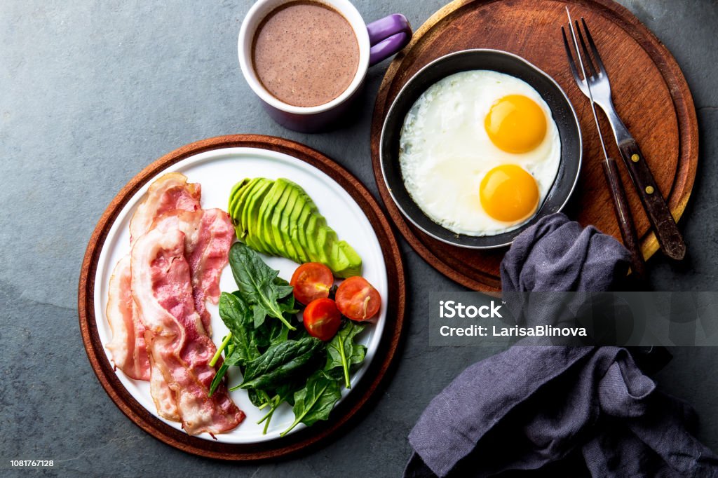 Ketogenic diet breakfast. fried egg, bacon and avocado, spinach and bulletproof coffee. Low carb high fat breakfast Ketogenic diet breakfast. fried egg, bacon and avocado, spinach and bulletproof coffee. Low carb high fat breakfast. Ketogenic Diet Stock Photo