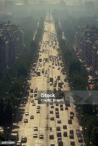 Aerial View Of Cars Driving Down Avenue Des Champselysees Stock Photo - Download Image Now