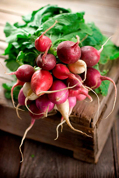 Bunch of radish on a an old wooden board stock photo