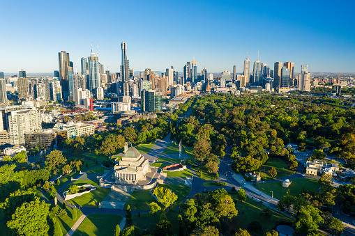 Melbourne, Australia - Dec 1, 2018: Aerial view of Melbourne CBD at sunrise