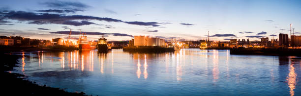 Panorama of Harbour in Aberdeen, Scotland at Dusk Multi image stitched panorama of Aberdeen, Scotland, harbour at twilight. aberdeen scotland stock pictures, royalty-free photos & images