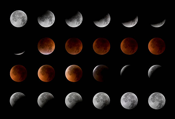 Total lunar eclipse, 24 moon phases, August 28th, 2007 stock photo