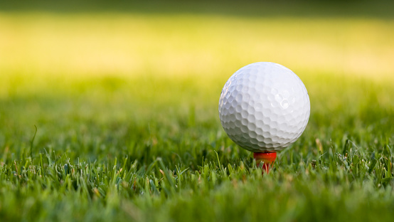 Golf ball on grass in green background. Banner for advertising with copy space. Sport and athletic concept.