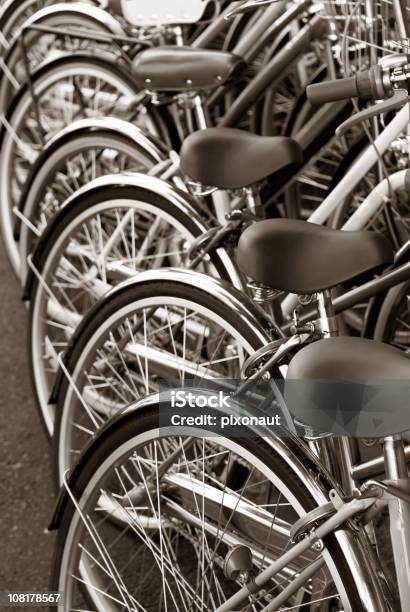 Bikes In A Row Stock Photo - Download Image Now - Bicycle, Bicycle Shop, Black And White