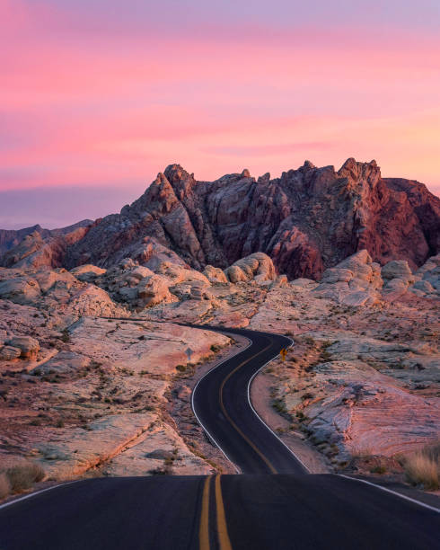 Winding road through the valley of fire at sunset