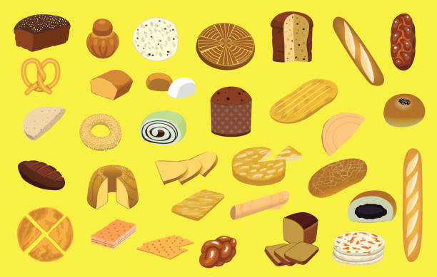 ilustraciones, imágenes clip art, dibujos animados e iconos de stock de varios pan tipo set cartoon vector ilustración - pretzel sesame vector snack