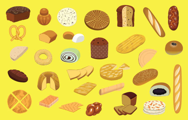 illustrazioni stock, clip art, cartoni animati e icone di tendenza di illustrazione vettoriale cartone animato set di vari tipi di pane - panettone