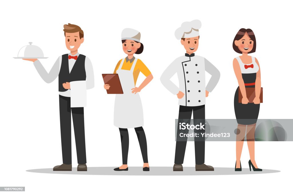 Diseño de personajes de personal de restaurante. Incluyen asistentes, Gerente, cocinero, camarera. Equipo de profesionales. - arte vectorial de Chef libre de derechos