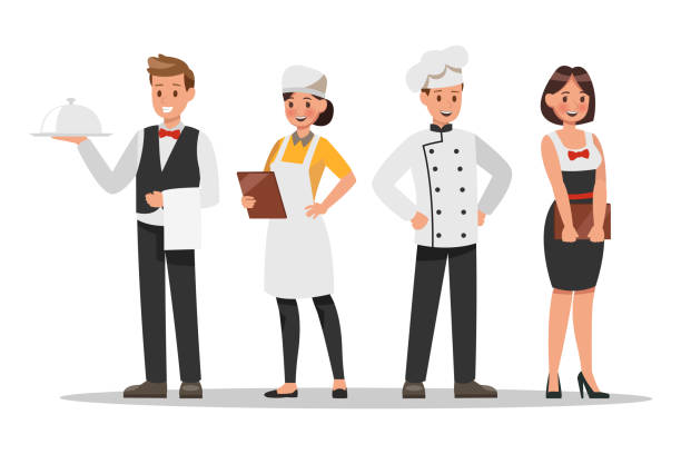 ilustraciones, imágenes clip art, dibujos animados e iconos de stock de diseño de personajes de personal de restaurante. incluyen asistentes, gerente, cocinero, camarera. equipo de profesionales. - waiter