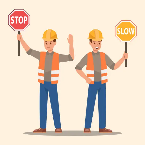 Vector illustration of Man holding stop sign and slow sign. Vector design.