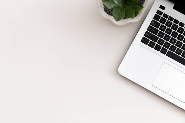 istock White office desk with laptop office plant 1081803716
