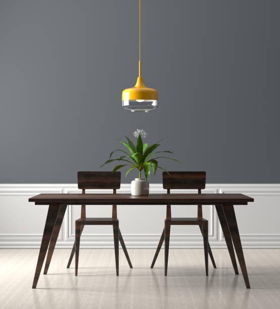 istock Spacious dining room with wooden table and chairs. 3D illustration. 1081816312