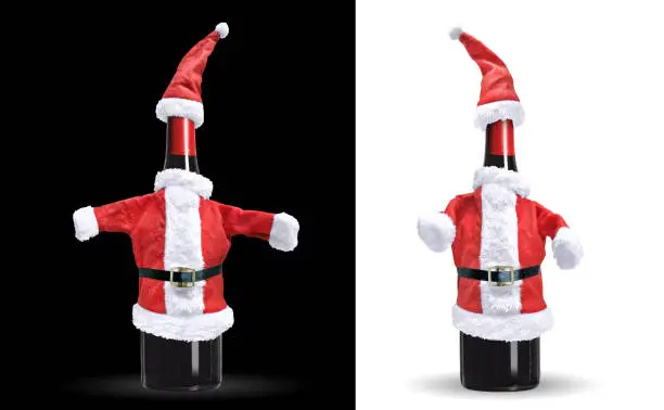 Christmas costume wearing on wine bottle isolated on black and white background with clipping path