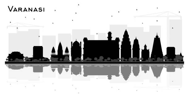 varanasi india city skyline silhouette z czarnymi budynkami i odbiciami odizolowanymi na biało. - india varanasi ganges river temple stock illustrations