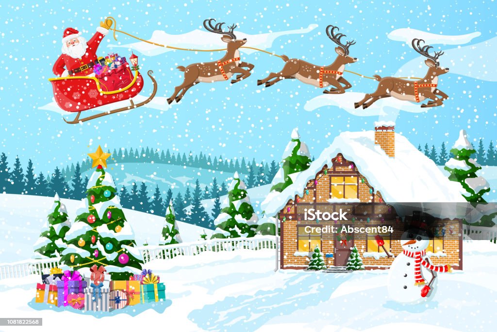 Suburban house covered snow. Suburban house covered snow. Building in holiday ornament. Christmas landscape tree, snowman, santa sleigh reindeers. New year decoration. Merry christmas holiday xmas celebration. Vector illustration Christmas stock vector