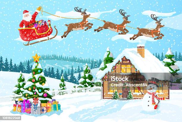 Suburban House Covered Snow Stock Illustration - Download Image Now - Christmas, Reindeer, Animal Sleigh