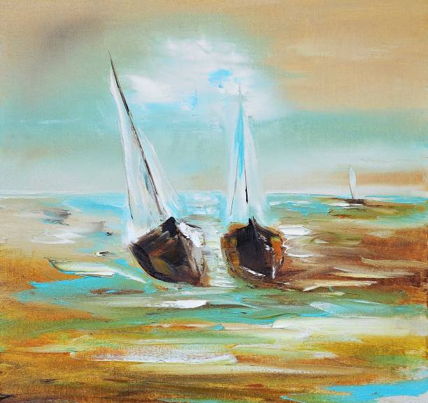 istock Two Boats on the Turquoise Background Contemporary Art Painting 1081833728