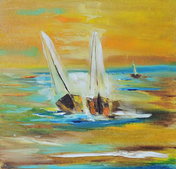 istock Two Boats on the Yellow  Background  Contemporary Art Painting 1081833740