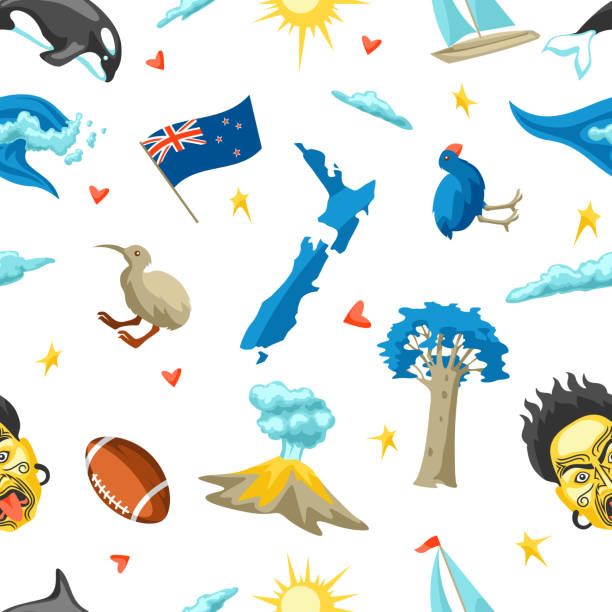 ilustraciones, imágenes clip art, dibujos animados e iconos de stock de patrón sin fisuras de nueva zelanda. - new zealand culture