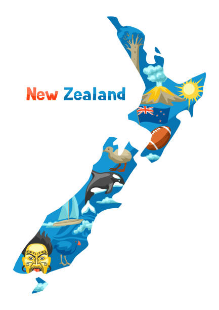ilustraciones, imágenes clip art, dibujos animados e iconos de stock de ilustración de mapa de nueva zelanda. - new zealand culture