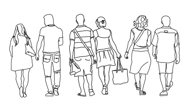 Three Couples Out For A Walk Young couples walking away walking drawings stock illustrations