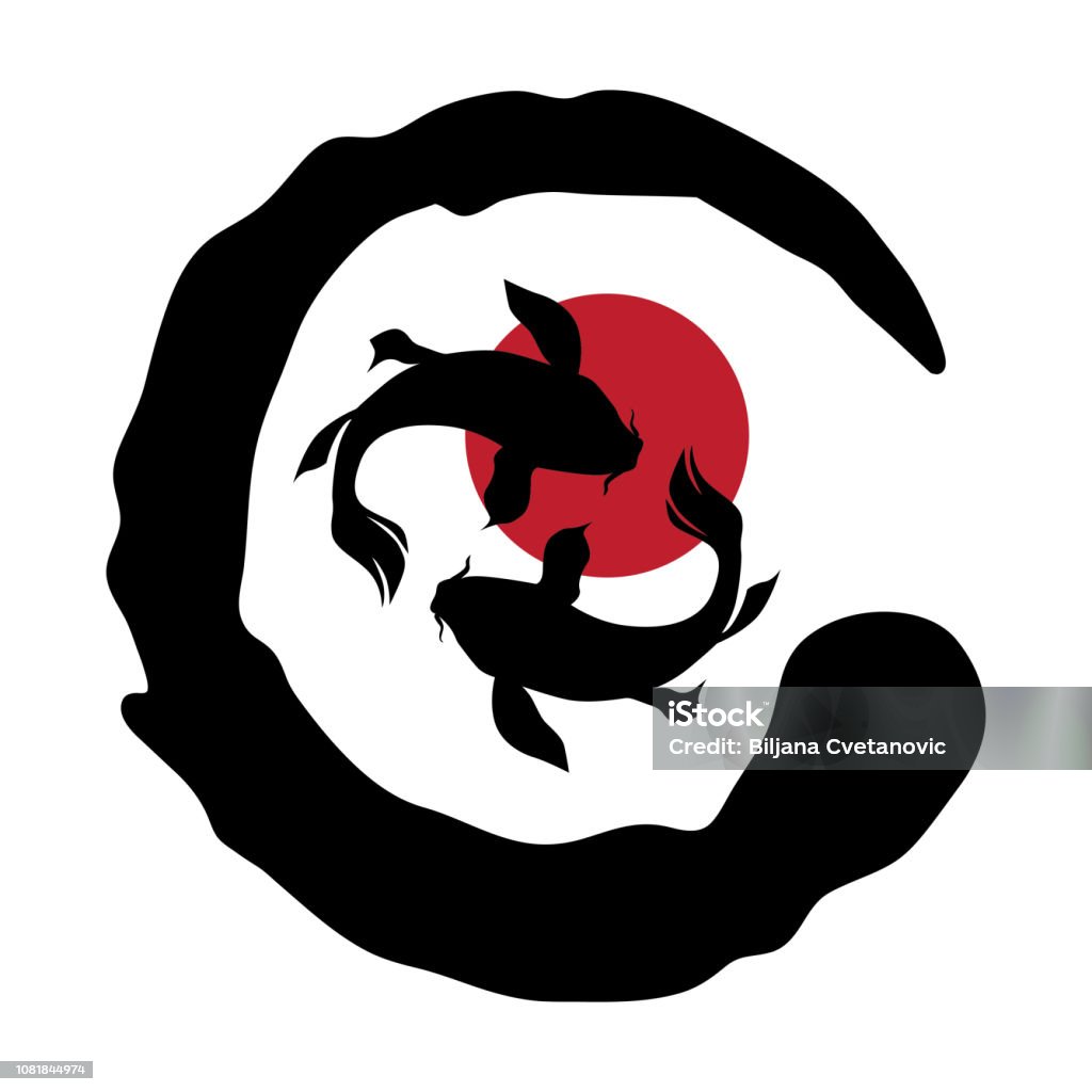 zen fishes inside black circle, represent enlightenment in Zen Buddhism Feng Shui stock vector