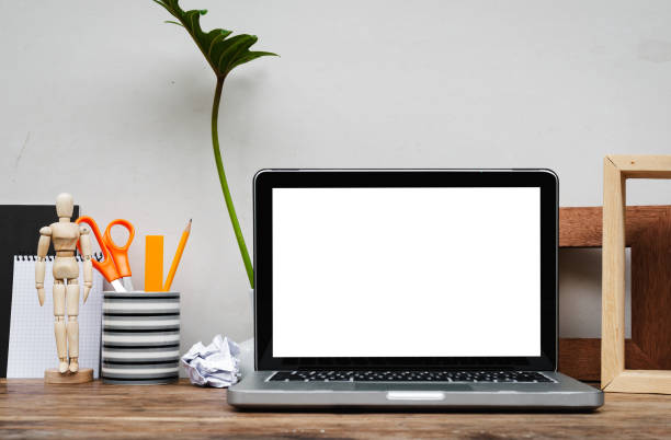 istock Mock up laptop with office room and decoration. 1081851446
