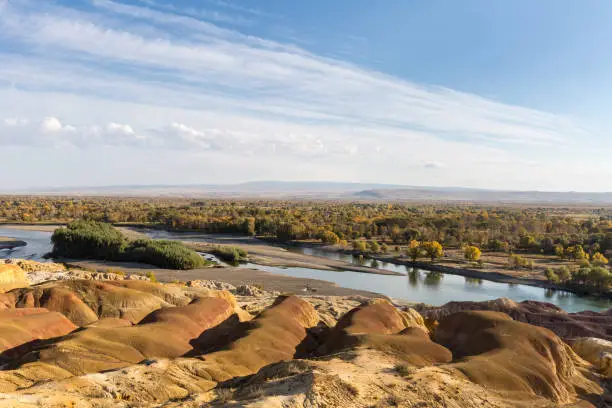 beautiful xinjiang colorful beach in sunset, formed by the influence of natural effects such as wind erosion and water erosion and leaching, irtysh river, burqin county, China