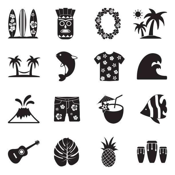 ilustraciones, imágenes clip art, dibujos animados e iconos de stock de iconos de hawaii. diseño plano negro. ilustración de vector. - hawaii islands summer surfboard tropical climate