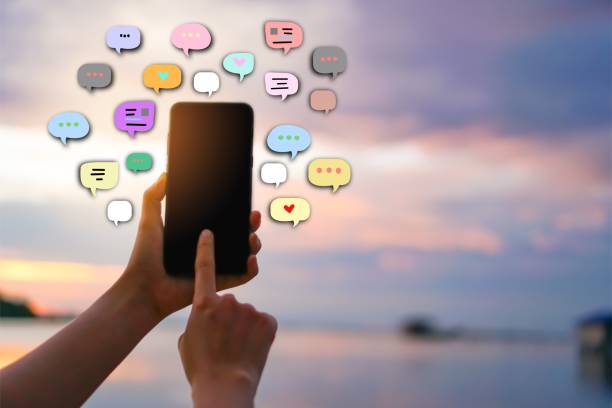 istock Woman hand using smartphone with chat icon background. Business communication social network concept. 1081854622