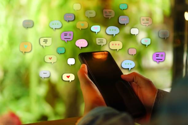 istock Woman hand using smartphone with chat icon background. Business communication social network concept. 1081854634