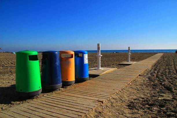 istock Colorful Recycling bins on the beach 1081854832
