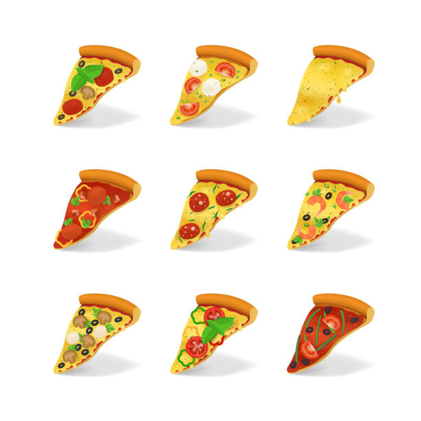 ilustrações, clipart, desenhos animados e ícones de conjunto de fatias de pizza detalhadas 3d realista. vector - pizza pepperoni vector ingredient