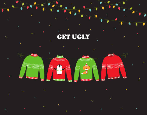 ilustrações, clipart, desenhos animados e ícones de banner para festa de camisola feia - ugly sweater