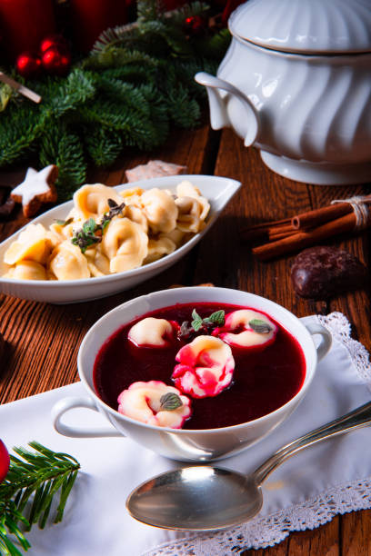 istock Christmas beetroot soup- borscht with small dumplings 1081880290