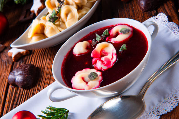 istock Christmas beetroot soup- borscht with small dumplings 1081880326