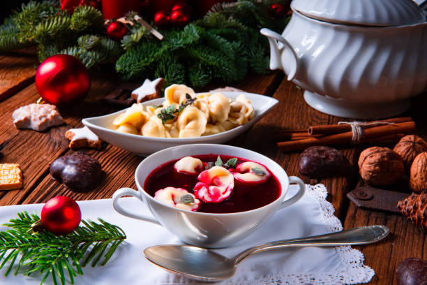 istock Christmas beetroot soup- borscht with small dumplings 1081880406