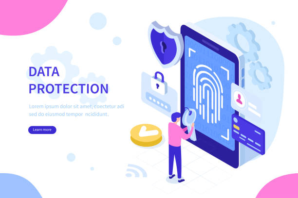 data protection Data protection with biometric technologies concept. Can use for web banner, infographics, hero images. Flat isometric vector illustration isolated on white background. biometric security stock illustrations