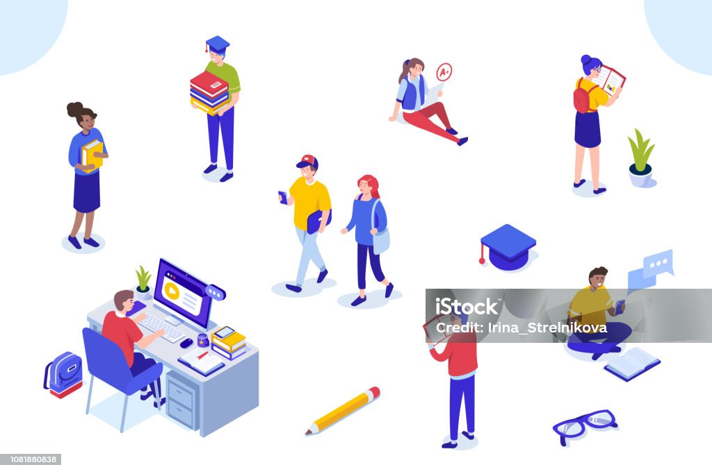 students Different college students studying. Can use for web banner, infographics, hero images. Flat isometric vector illustration isolated on white background. Isometric Projection stock vector