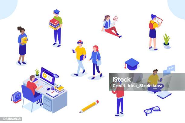 Students Stock Illustration - Download Image Now - Isometric Projection, Student, High School
