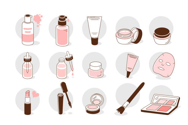 fashion icons Skin care products icons set. Line style vector illustration isolated on white background. facial mask beauty product illustrations stock illustrations