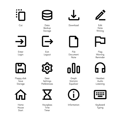 Vector illustration of a collection of pixel perfect and line art essential icons.