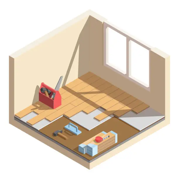 Vector illustration of Isometric low poly home room renovation icon. Laying of laminate or parquet board. Tools and materials for room repair.