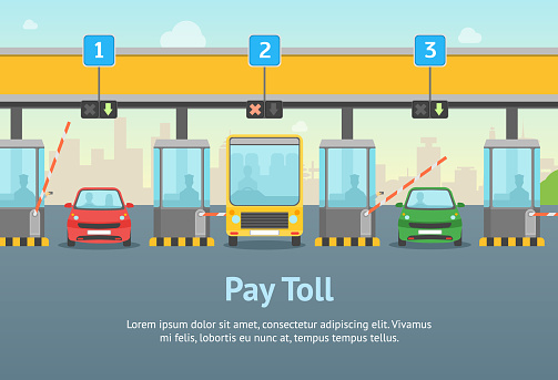 Cartoon Pay Road Toll Card Poster and Text Highway Traffic Transport Concept Flat Design Style for Ad. Vector illustration of Gate