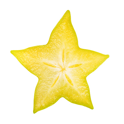 Carambola star fruit slice isolated, star apple or yellow starfruit on white background. Clipping path included.