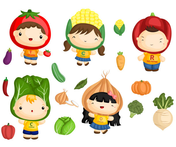 gemüse- und kinder - child vegetable squash corn stock-grafiken, -clipart, -cartoons und -symbole