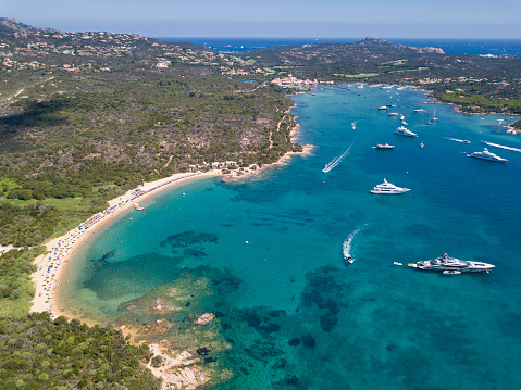 Aerial view of of Sardinia, Sardinia, Italy. \nSardinia was created by Prince Karim Aga Khan and various other investors, Porto Cervo village is the main centre of Sardinia. This is one of most expensive areas in the world, along as being a luxury yacht magnet and billionaires' playground.