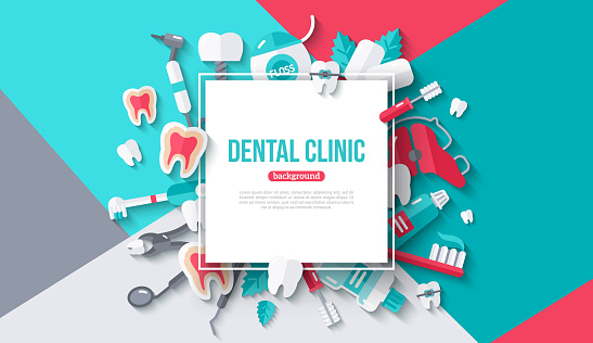 Dental card with square frame. Vector illustration. Dentistry and tooth care flat icons with shadow on colorful modern geometric background. Place for your text.